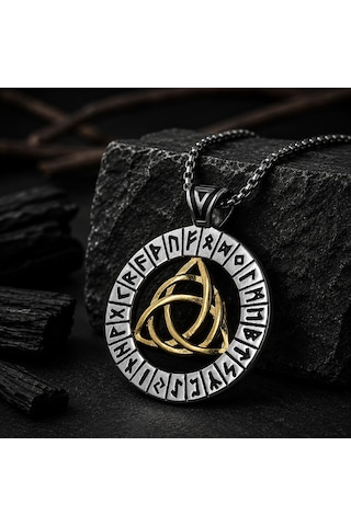 Paslanmaz Çelik Rün Sembolleri İskandinav Triquetra Mitolojik Viking Kolye Altın - Gümüş