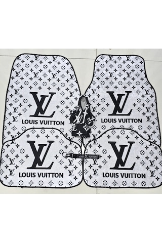 Lv Xl Beyaz - Siyah Dekor Oto Halı Paspas 4 Parça Ön Arka Takım Ve Vites Poları Kumaş Anahtarlık Hed