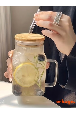 Bambu Kapaklı Pipetli Borosilikat Sunum Bardağı, Kahve Bardağı, Kulplu Bardak 650 Ml Hibiscus