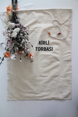 Keten Boncuk Detaylı Çok Amaçlı Kirli Torbası 50x70cm Beyaz