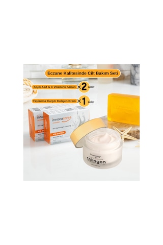 Kolajen Krem & Kojik Asit Leke Karşıtı Sabun Seti - Cilt Tonu Eşitleyici, Sıkılaştırıcı Yaşlanma Karşıtı Bakım Seti 1 Krem 50ml + 2 Sabun 120gx2