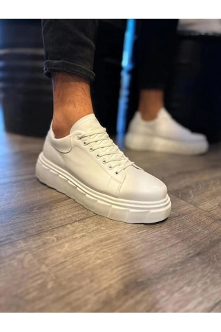 Mevese Ares Bağcıklı Cilt Erkek Günlük Sneaker Yüksek Taban Ayakkabı - Beyaz