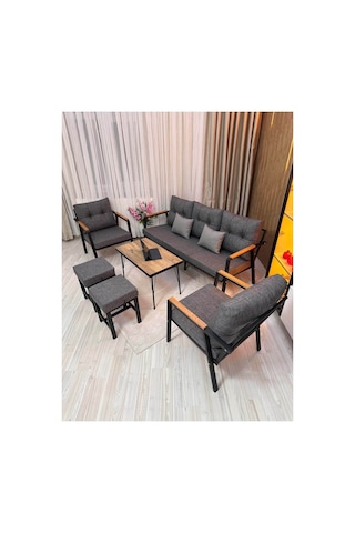 Houseart Balkon, Bahçe - Metal Kanepe Koltuk Takımı 3+1+1 + 2 Adet Puf + Sehpa Gri Houseart Balkon, Bahçe - Metal Kanepe Koltuk Takımı 3+1+1 + 2 Adet Puf + Sehpa Gri