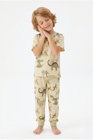 Bunny Hopp Yazlık Kısa Kollu Erkek Çocuk Pijama Takımı Safari Desenli %100 Pamuk Bej