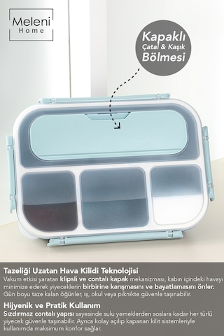 Sızdırmaz Contalı Yemek Kabı - 4 Bölmeli Çatal Kaşıklı Diyet Beslenme Kutusu Lunch Box Mavi MAvi