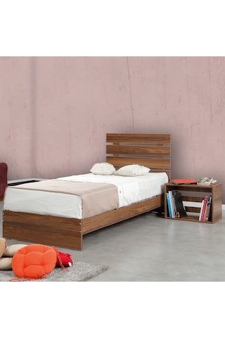 Pasifichome Huga Tek Kişilik Ahşap Karyola Komodin Takım Ceviz 90 Cm