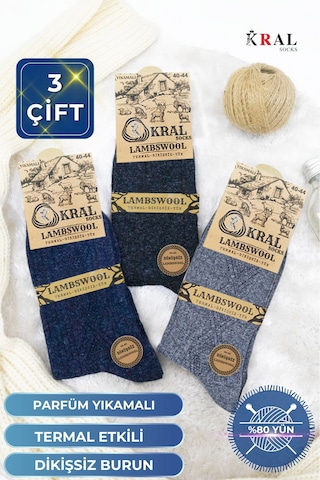 Kral Socks Erkek Çorabı Lambswoll 3 Adet Termal Özellikli Kalın Uzun Çorap Asorti