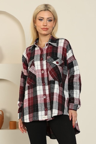 Nurneva Oduncu Kumaş Ekose Desen Oversize Gömlek Bordo-bordo Bordo