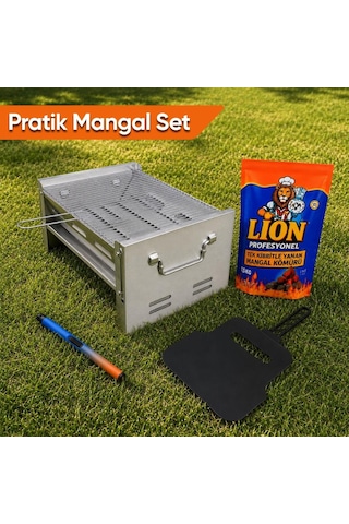 Pratik Mangal Set - Katlanabilir Mangal - Kömür - Çakmak - Yelpaze