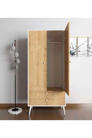 Floradesign Riva Elbise Dolabı / Iki Kapaklı Çekmeceli Dolap / Gardırop Beyaz/meşe