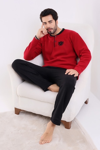 Falkon 7202 Polar Kışlık Erkek Ev Pijama Takımı Uyku Takımı Bordo