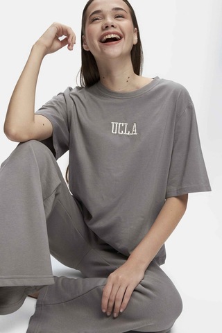 Ucla Manuela Gri Bisiklet Yaka Tshirt Nakışlı Loose Fit Kadın Tshirt Gri