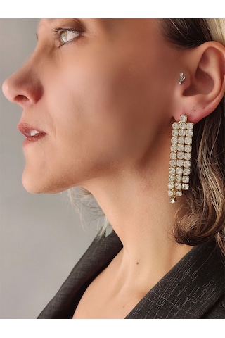 Taşlı Sallantılı Gold Renk Küpe Gold