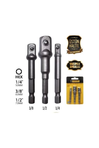 Meşem Lokma Adaptörü 3'lü Set ( 1/4 x 65 Mm - 3/8 x 65 Mm - 1/2 x 73 Mm ) Meşem Lokma Adaptörü 3'lü Set ( 1/4 x 65 Mm - 3/8 x 65 Mm - 1/2 x 73 Mm )