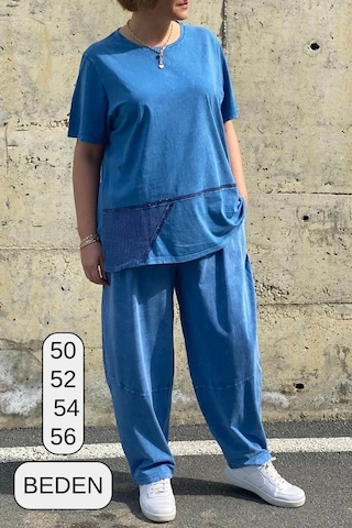 Mia Butik Büyük Beden Selenay Mavi Keten Takım Mavi