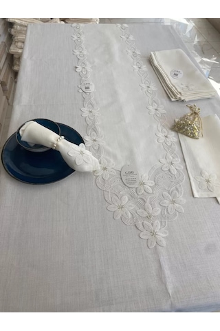 Sofra Takımı Evita Gardenya Keten Yemek Takımı 160x260 Masa Seti 26 Parça Runner Set Krem