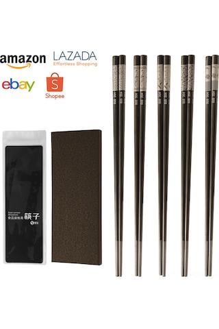 Springsun 304 Paslanmaz Çelik Kaymaz Yemek Çubukları Seti - 5 Çift Hediye Paketli Altın