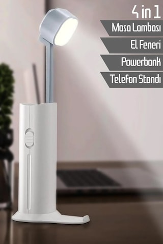4in1 Şarjlı Masa Lambası Powerbank Özellikli Telefon Standlı Kamp El Feneri Çalışma Okuma Işığı Beyaz