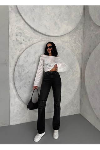 Kadın Straight Jean Yırtık Detaylı Ara Bel Boru Paça Kot Pantolon Füme Siyah+füme