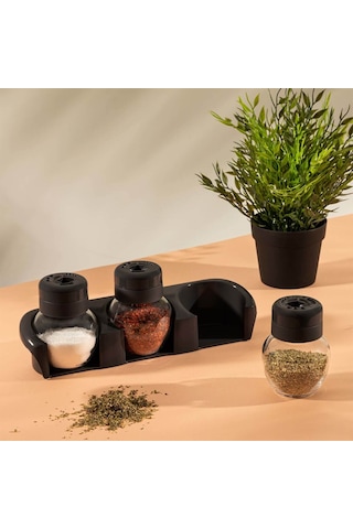 Porsima L-00372 Plastik Standlı 3'lü Baharatlık Takımı Tuzluk Siyah