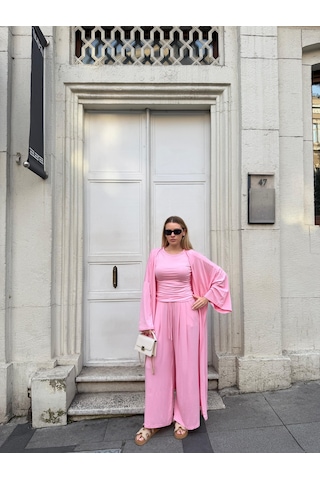 Bonacosa Kadın Viskon 3 Lü Takım Kimono + Beli Lastikli Salaş Pantolon + Sıfır Kol Kolsuz 8 Renk Pembe
