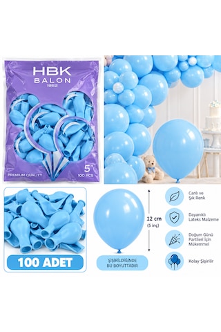 100 Adet Makaron Mavi 5 İnç 12 Cm Lateks Balon + 5 Metre Balon Zincir Şeridi Hediye Açık Mavi