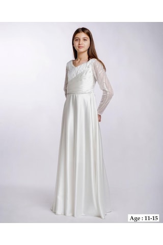 Kız Çocuk/genç Yeni Moda Tafta Kumaş Uzun Kollu Tam Kalıp Abiye Elbise 5799-beyaz Beyaz