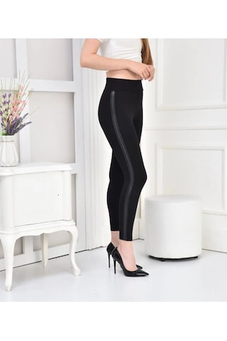 Kadın Siyah Toparlayıcı Tek Deri Şerit Günlük Yüksek Bel Tayt Siyah