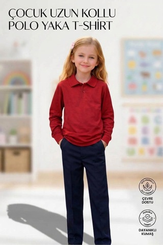 Erdem Kıds Unisex Kız Erkek Çocuk Polo Yaka Pamuklu Uzun Kol Kırmızı Günlük Basic Okul Tişört Kırmızı Kırmızı