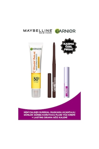Garnier C Vitamini Parlak Görünmez Doku Yüz Güneş Kremi SPF50+ 40 ML + Lasting Drama Eyeliner Kahverengi + Mini Surreal Mascara
