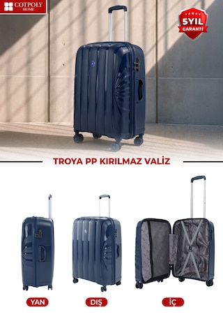 Cotpoly Home Troya Pp Polipropilen Kırılmaz Orta Boy Valiz 360 Döner Sessiz Tekerlekli Lacivert