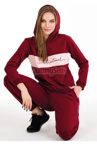 Lady Uzun Kol 22067 Kapüşonlu Ve Kanguru Cepli Bordo Renk Kadın Spor Eşofman Takımı