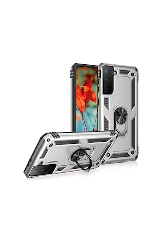 Cosmotex Newface Samsung Galaxy Uyumlu S21 Kılıf Sofya Yüzüklü Silikon Kapak - Gümüş
