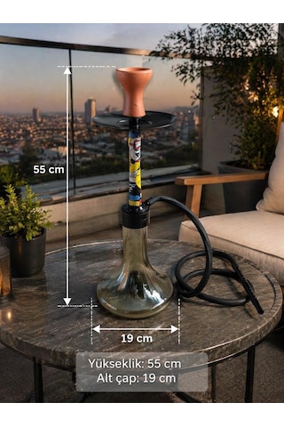 Nargile Takımı 55 Cm Büyük Boy Cam Şişe Modern Desenli Lüleli Nargile Seti Hortumlu Ev Balkon Bahçe Kullanımı