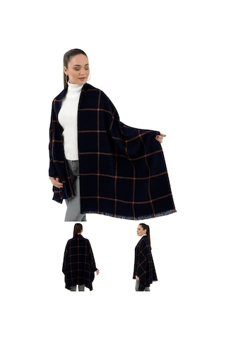 1 Adet Kadın Büyük Bedene Uygun Yumuşak Dokulu Kışlık Desenli Atkı Omuz Şalı Lacivert - Turuncu