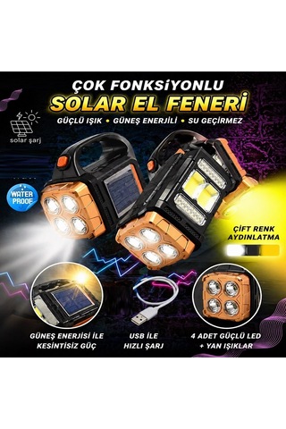 Yüksek Kalite Full Fonksiyonlu El Feneri Şarjlı Solor Usb Çıkışlı Beyaz Led Işıklı Abber Led Işıklı Siyah