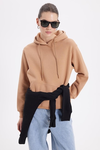 Tudors Kadın Relax Fit Rahat Kesim Pamuklu Kapüşonlu Kanguru Cepli Vizon Sweatshirt-39941 VIZON