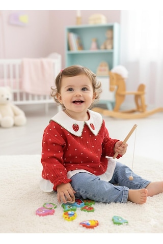 Alpbebe Çilek Yakalı Müslin Gömlekli Kot Pantolonlu 2'li Takım Kırmızı