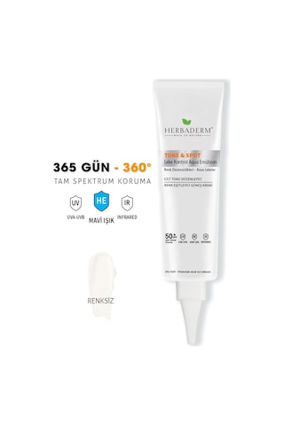 Herbaderm Tone & Spot Lekeli Ciltler İçin Nemlendirici Güneş Kremi Şeffaf SPF50+ 40 ML