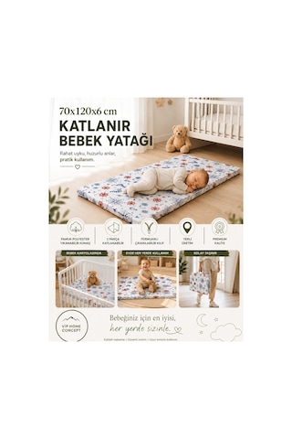 Katlanır Çocuk Yatağı Sünger Yer Yatağı Oyun Minderi Taşınabilir 70x120x6 Cm-marin 70 x 120 CM