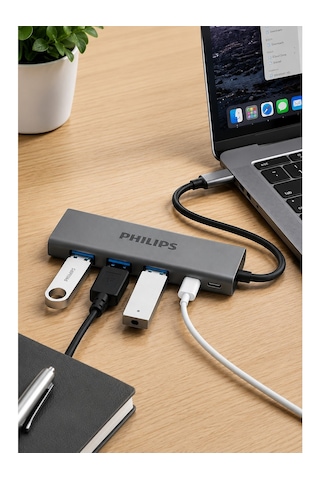 Philips Swr5041/00 Usb-c 4'ü 1 Arada Usb 3.0 Hub, 3x Usb-a + 1x Usb-c, 5gbps Veri Aktarımı