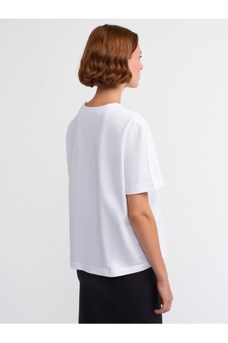 Dekoratif Dikişli Bisiklet Yaka Tshirt-beyaz Beyaz