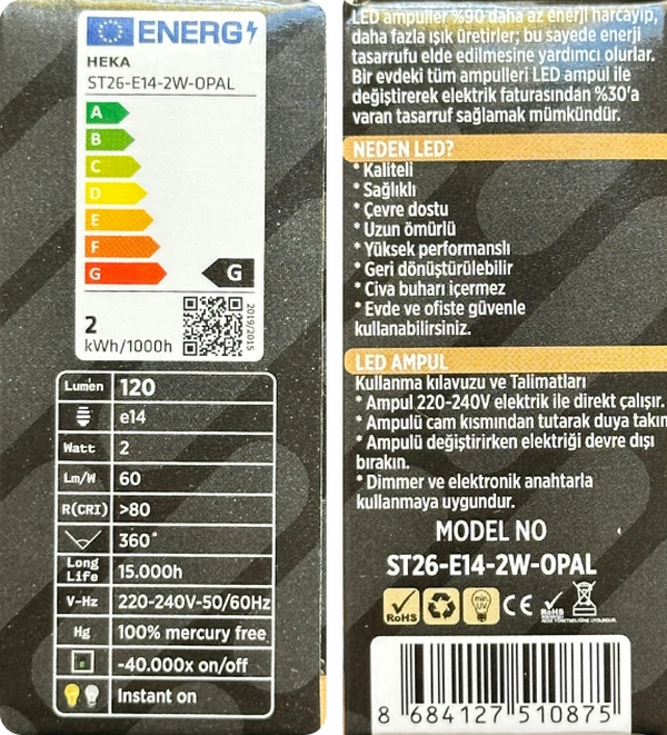 1 Adet Heka 2w 14w 3000k Sarı Işık E14 Duylu İnce Duy Dim Edilebilir Soft Led Mini Ampul