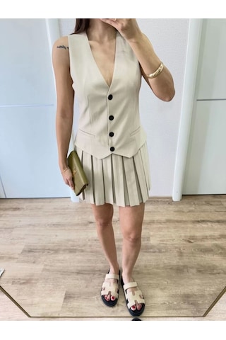 Keten Takım Görünümlü Düğme Detaylı Yelekli Mini Elbise - Bej Bej
