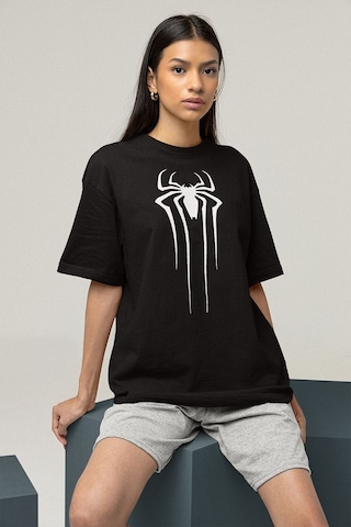 Örümcek Adam Film Logo Baskılı Unisex Marvel Oversize Tişört Siyah