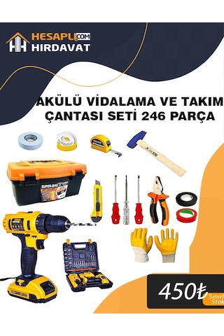 246 Parça Akülü Vidalama Ve El Aleti Seti Dolu Takım Çantası 13" -her Evin İhtiyacı