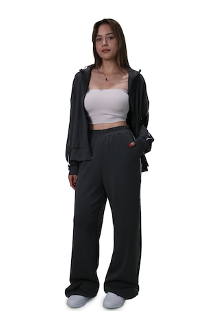 Kadın Modal Kumaş Kontrast Detaylı Antrasit Düz Kesim Pantolon Antrasit