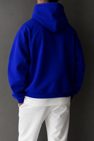 Tarz Cool Regular Kapüşonlu Sweatshirt Erkek Unisex 3 İplik Şardonlu %100 Pamuk Basic Hoodie Mavi
