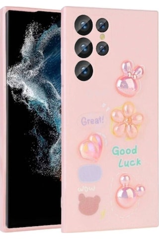 Galaxy S22 Ultra Kılıf Kabartma Figürlü Parlak Zore Toys Silikon Kapak Pembe