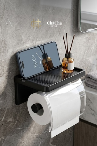 Raflı Tuvalet Kağıdı Askısı Yapışkanlı Kapaklı Banyo Organizer Siyah Siyah - Şeffaf
